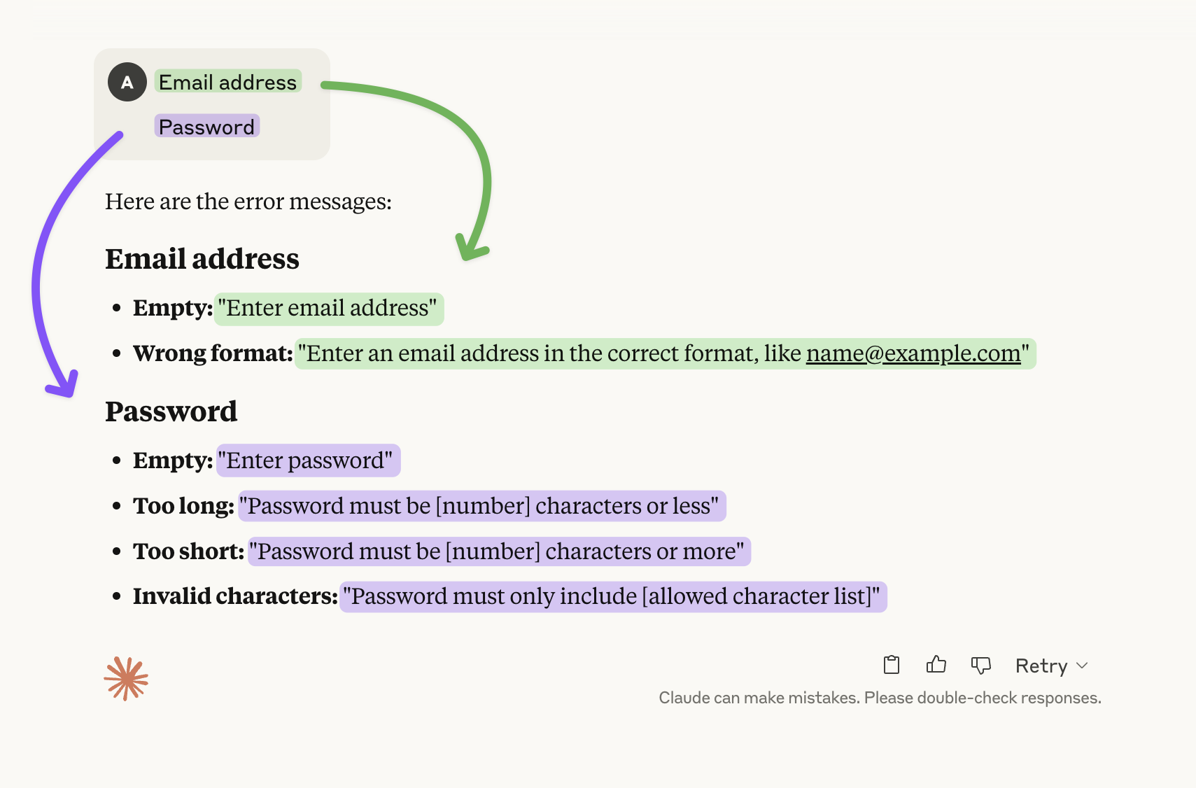 Claude output showing generated error messages from form labels