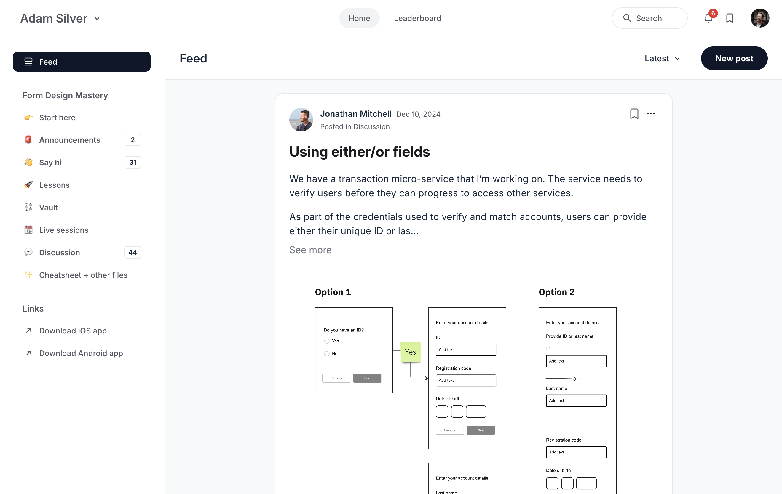 Discussion post inside the Form Design Mastery community area