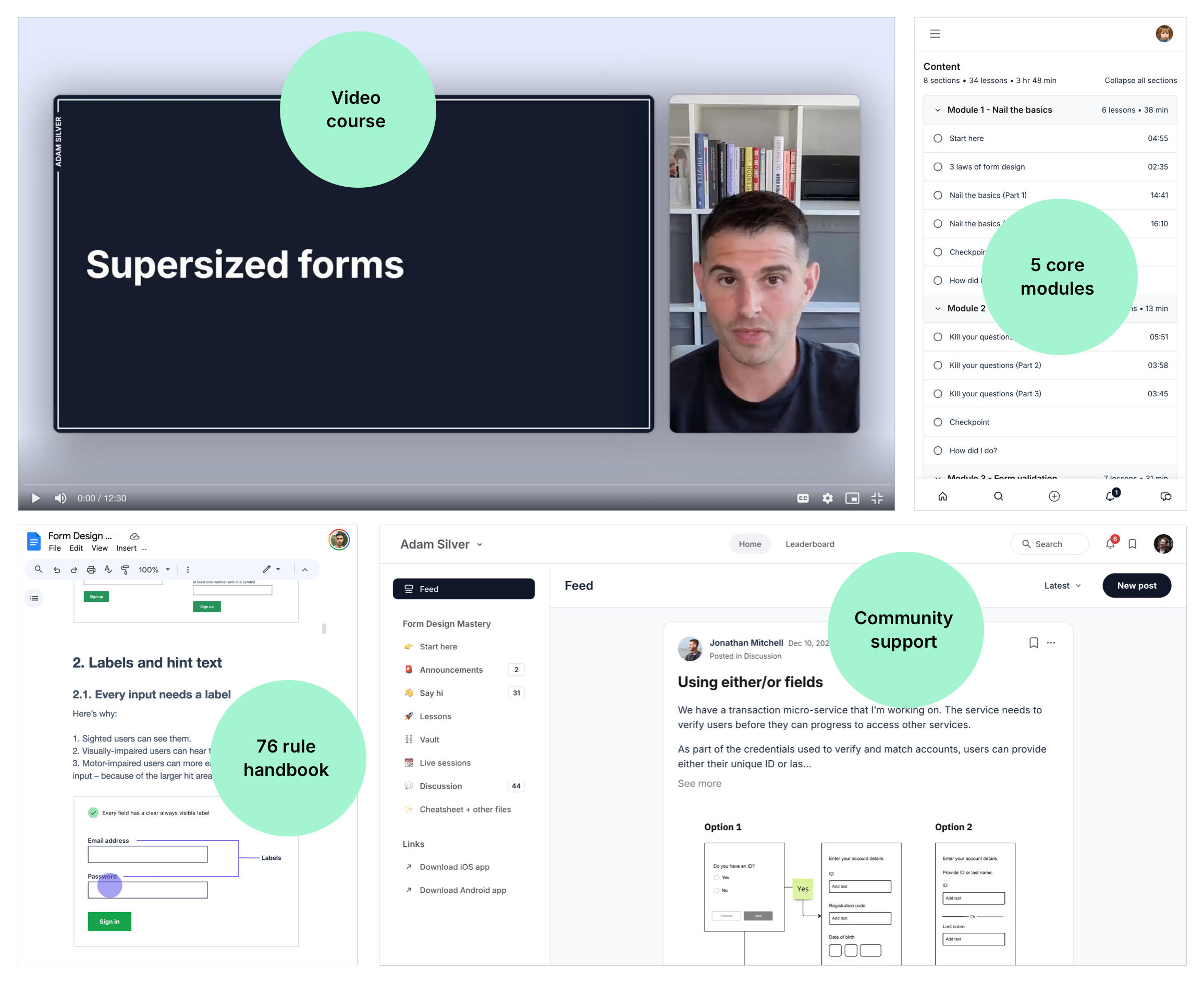 Inside Form Design Mastery showing what the videos, handbook and community looks like