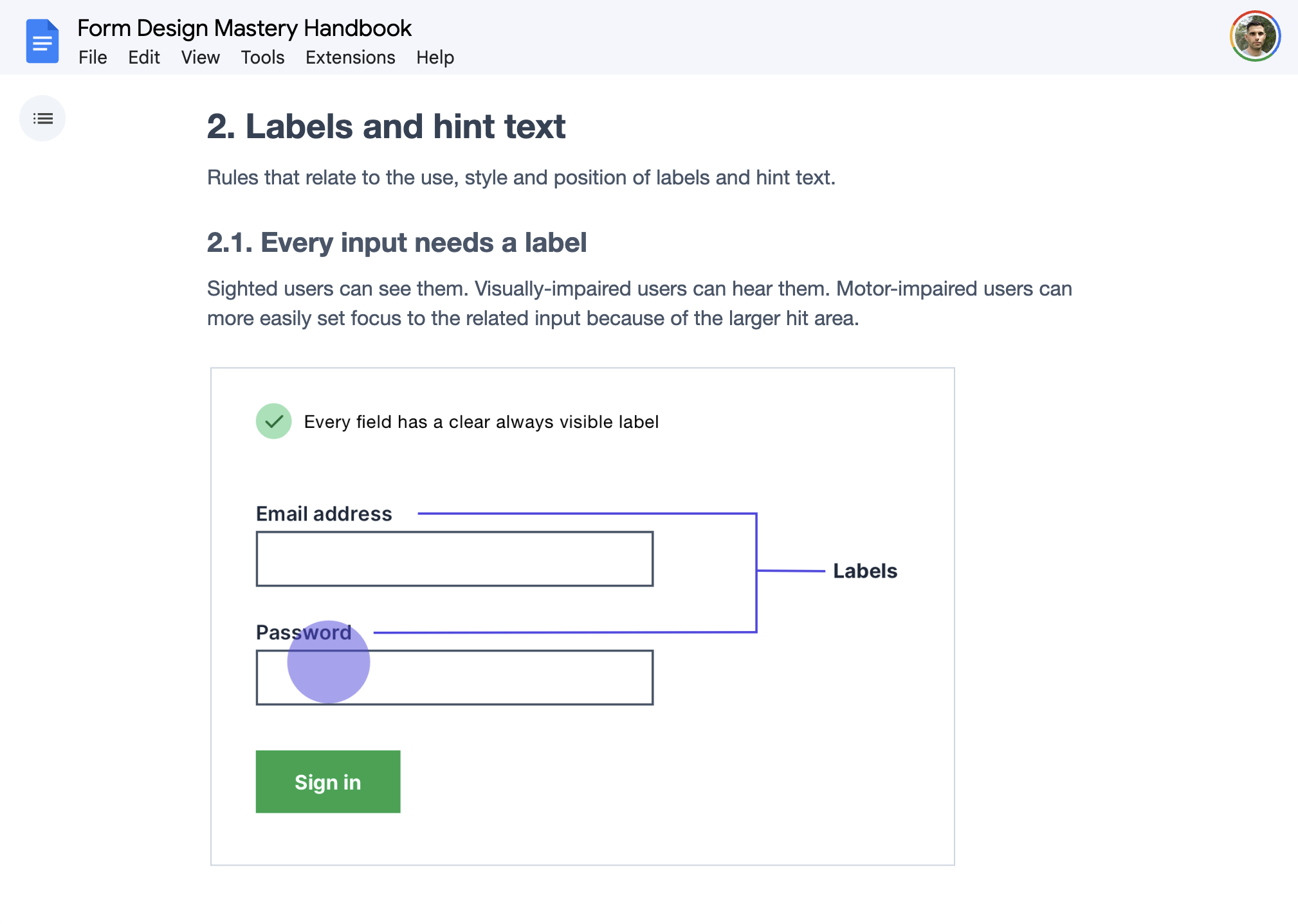 Page 5 from the Form Design Mastery Handbook explaining that every field needs a clear and visible label.